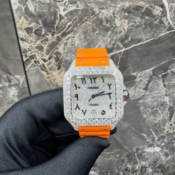 Cartier Santos Diamond Encrusted Watch – Orange Luxury Leather Strap Edition