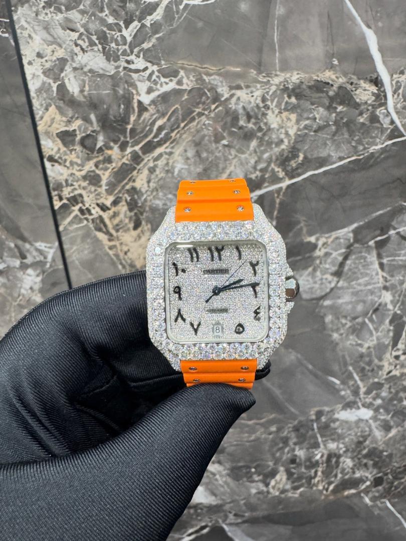 WhatsApp Image 2026-05-14 at 8.50.54 PM Cartier Santos Diamond Encrusted Watch – Orange Luxury Leather Strap Edition - Image 1