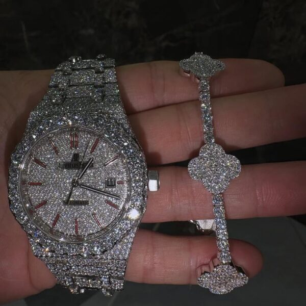 Rolex Iced Out Moissanite VVS Diamond Watch & Bracelet Combo – Luxury Bling Set