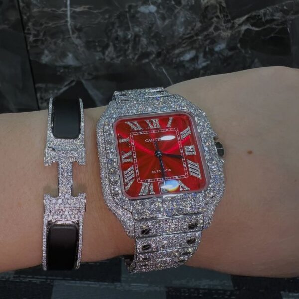 Cartier Iced Out Moissanite Watch & Diamond Bracelet Combo – VVS Luxury Timepiece Set
