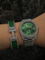 Cartier Iced Out Green Moissanite VVS Watch & Bracelet Combo