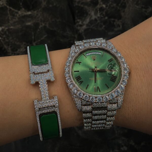 Cartier Iced Out Green Moissanite VVS Watch & Bracelet Combo
