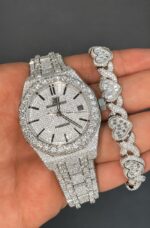 Audemars Piguet Iced Out VVS Moissanite Diamond Watch & Heart Link Bracelet Combo