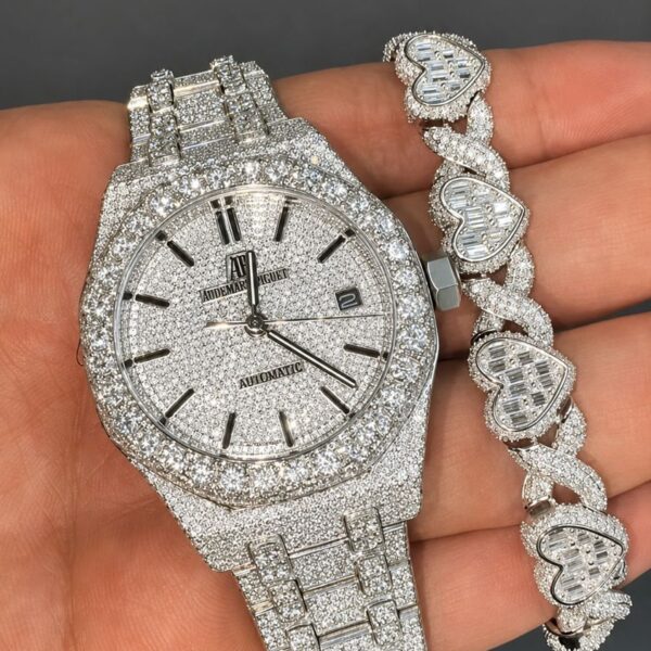 Audemars Piguet Iced Out VVS Moissanite Diamond Watch & Heart Link Bracelet Combo