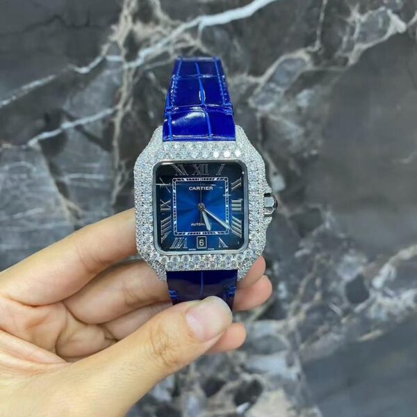 Leather Blue straps  Iced Out Automatic Cartier Watch – Women’s Watch & Bracelet Set