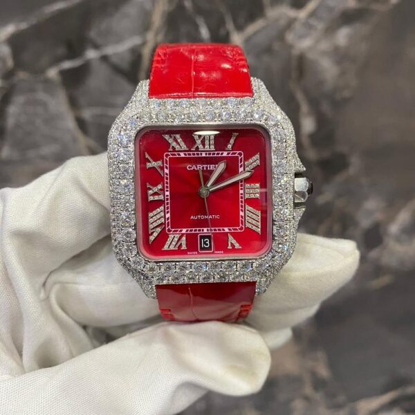 Red Leather straps  Iced Out Automatic   – VVS Certified Luxury Set