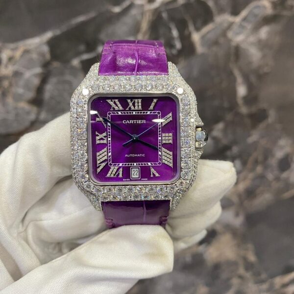Leather straps Violet  Iced Out Automatic Watch – Moissanite & VVS Luxury Timepiece