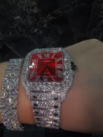 Luxury Iced Out Cartier Style Moissanite Watch – Red Dial - Image 3