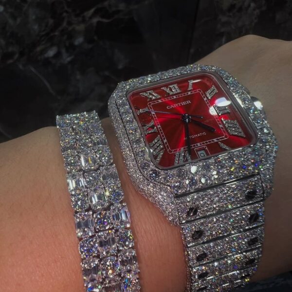 Luxury Iced Out Cartier Style Moissanite Watch – Red Dial