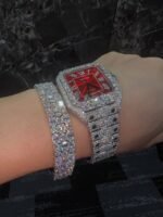 Luxury Iced Out Cartier Style Moissanite Watch – Red Dial - Image 4
