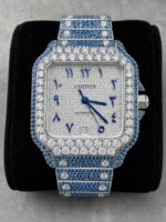 Luxury Blue Iced Out Moissanite Cartier Style Watch