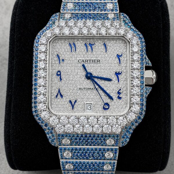 Luxury Blue Iced Out Moissanite Cartier Style Watch