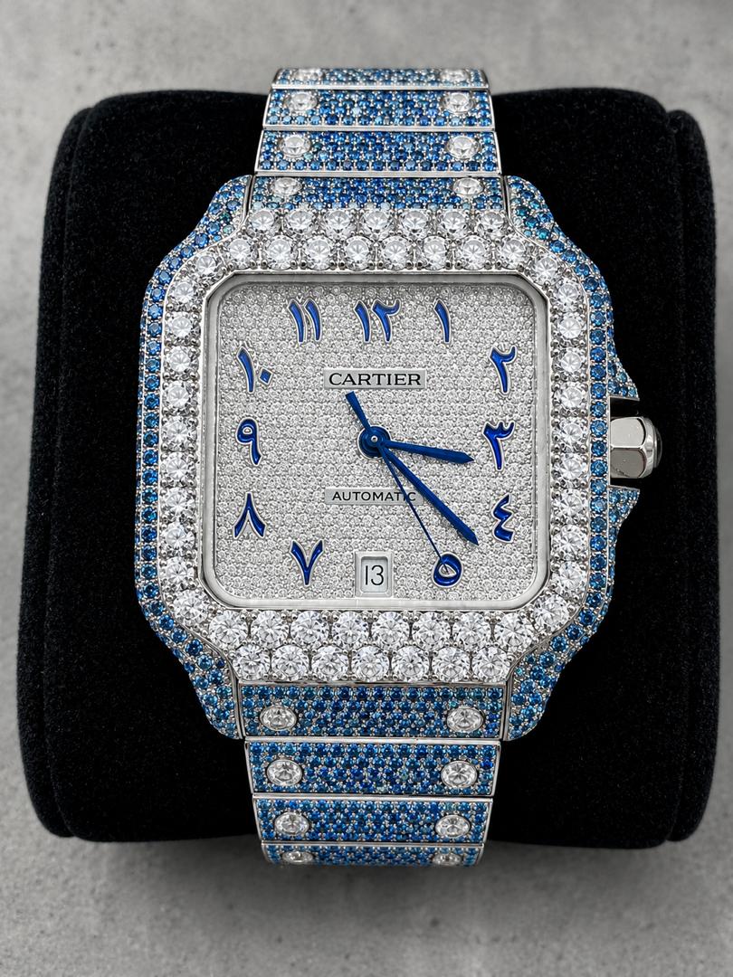 WhatsApp Image 2026-05-19 at 1.29.10 PM Luxury Blue Iced Out Moissanite Cartier Style Watch - Image 1