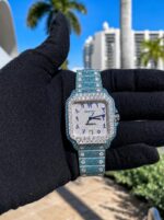 Luxury Blue Iced Out Moissanite Cartier Style Watch - Image 4