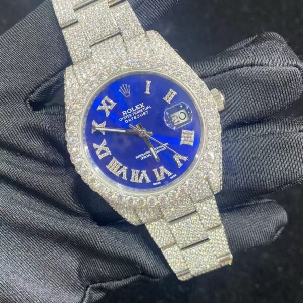 Luxury Blue Dial Iced Out Moissanite Datejust Style Rolex Watch
