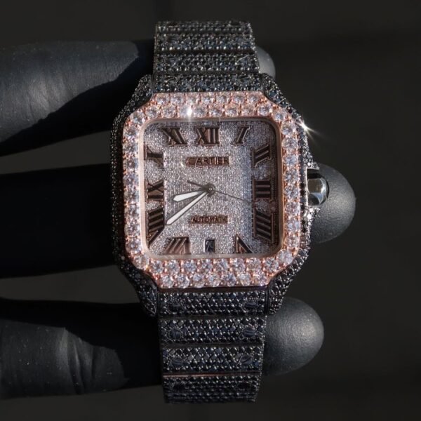 Luxury Black & Rose Gold Iced Out Moissanite Cartier Style Watch